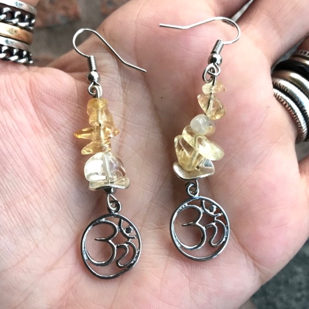 Genuine citrine gemstones chips om sign charms dangly boho handmade earrings